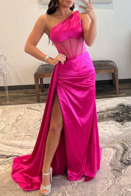 Sheath One Shoulder Pleated Satin Long Prom Dresses