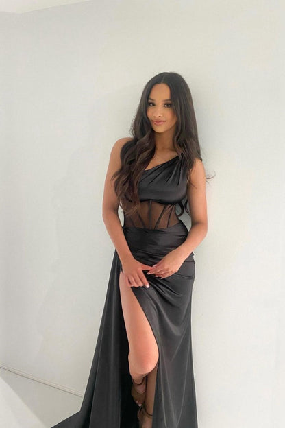 Sheath One Shoulder Pleated Satin Long Prom Dresses