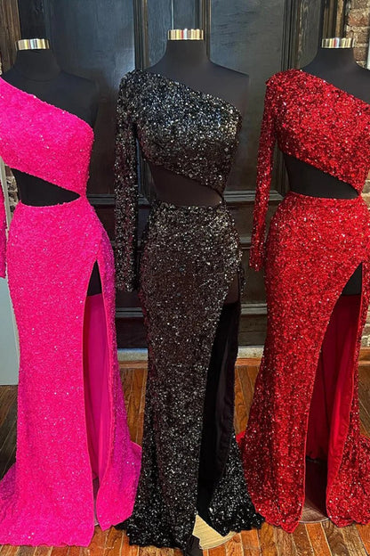 Sheath One Shoulder Sequins Long Prom Dresses with Silt