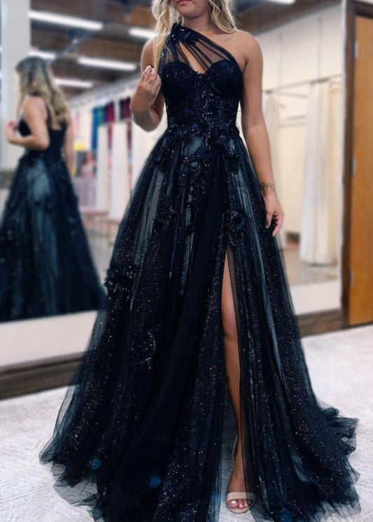 A-line One Shoulder Long Prom Dresses with Appliques