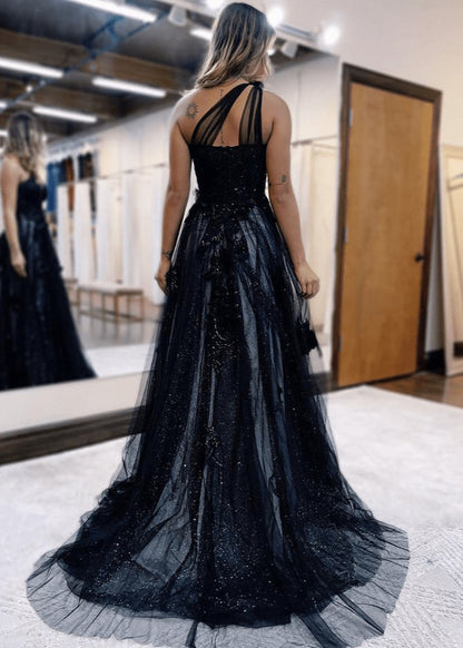 A-line One Shoulder Long Prom Dresses with Appliques