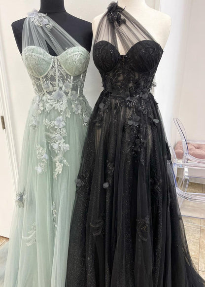 A-line One Shoulder Long Prom Dresses with Appliques