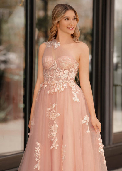A-line One Shoulder Long Prom Dresses with Appliques