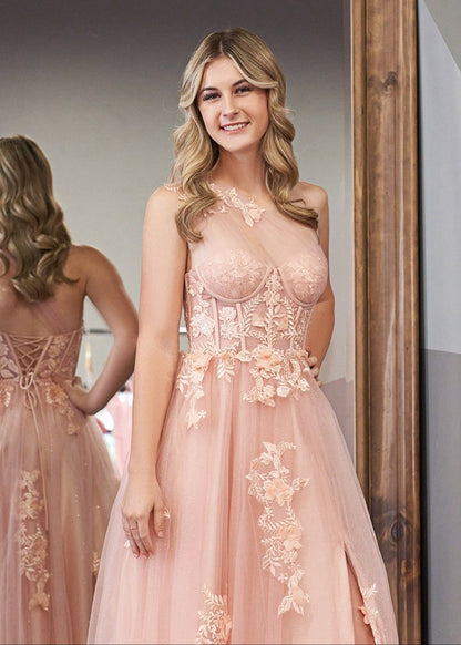 A-line One Shoulder Long Prom Dresses with Appliques