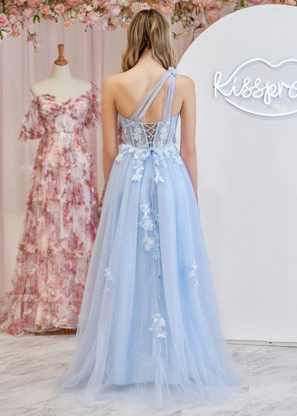 A-line One Shoulder Long Prom Dresses with Appliques