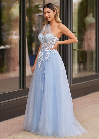 A-line One Shoulder Long Prom Dresses with Appliques