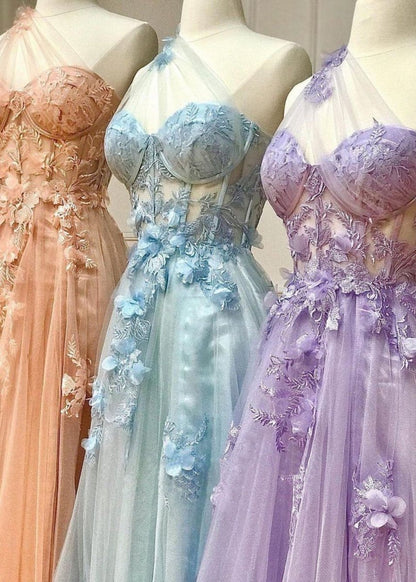 A-line One Shoulder Long Prom Dresses with Appliques