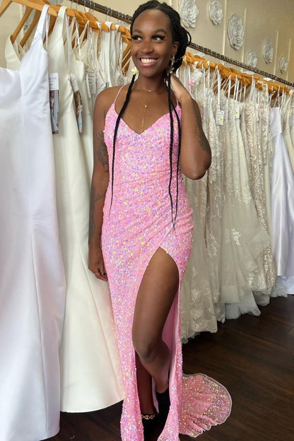 Mermaid V Neck Straps Sequins Pleated Long Prom Dresses with Slit