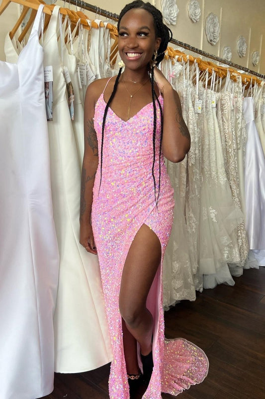 Mermaid V Neck Straps Sequins Pleated Long Prom Dresses with Slit