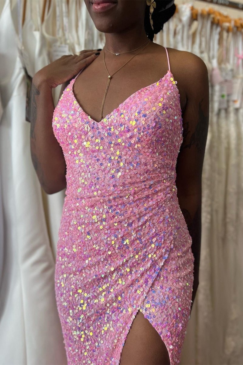 Mermaid V Neck Straps Sequins Pleated Long Prom Dresses with Slit
