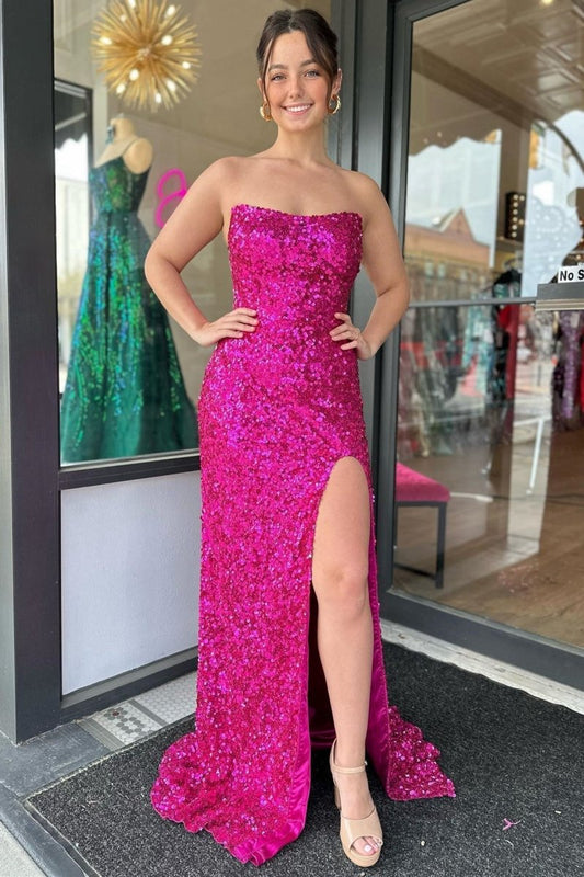 Strapless Sequins Long Prom Dresses with Slit