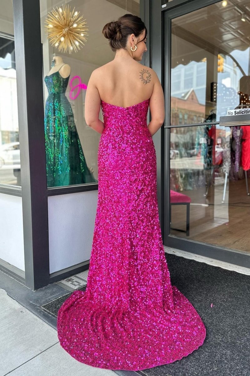 Strapless Sequins Long Prom Dresses with Slit