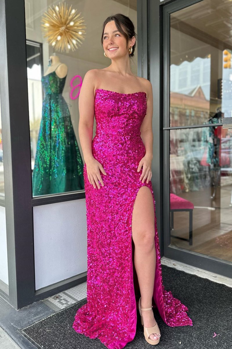 Strapless Sequins Long Prom Dresses with Slit