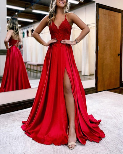 A-line Spaghetti Straps Corset Back Prom Dresses with Split