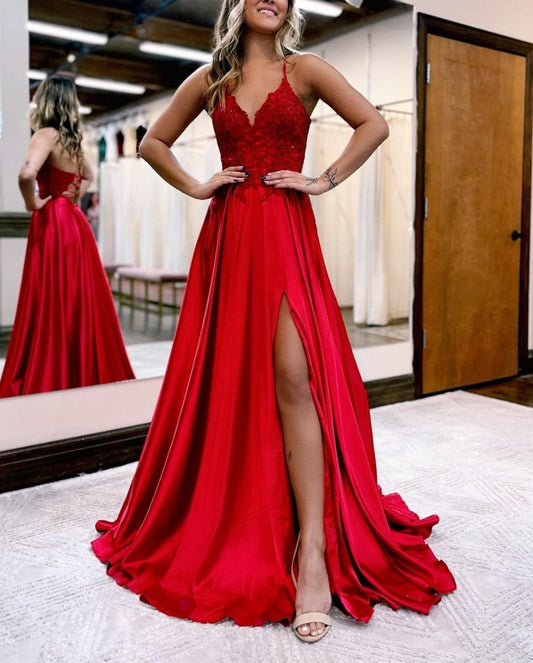 A-line Spaghetti Straps Corset Back Prom Dresses with Split