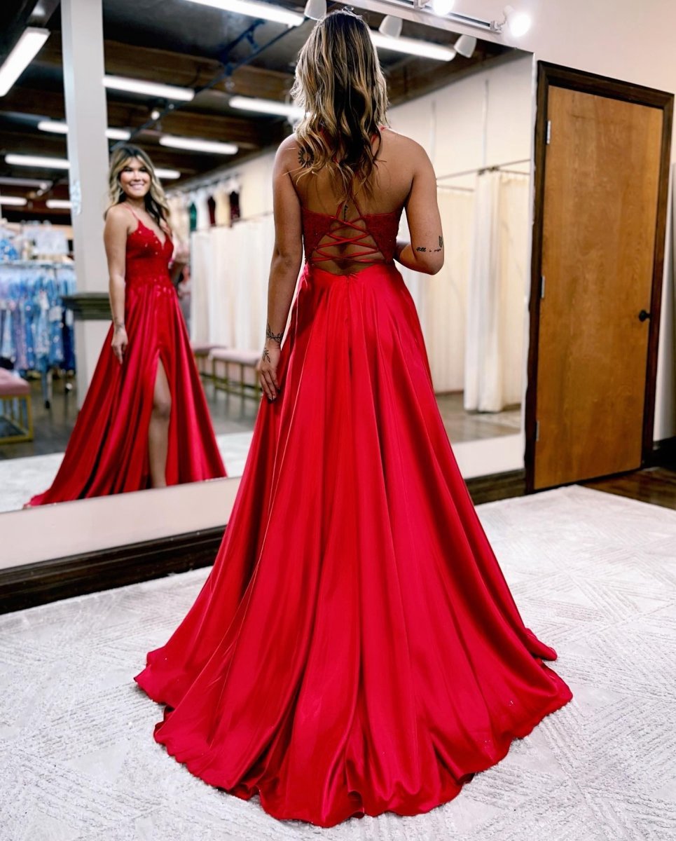 A-line Spaghetti Straps Corset Back Prom Dresses with Split