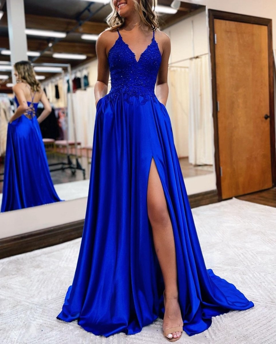A-line Spaghetti Straps Corset Back Prom Dresses with Split