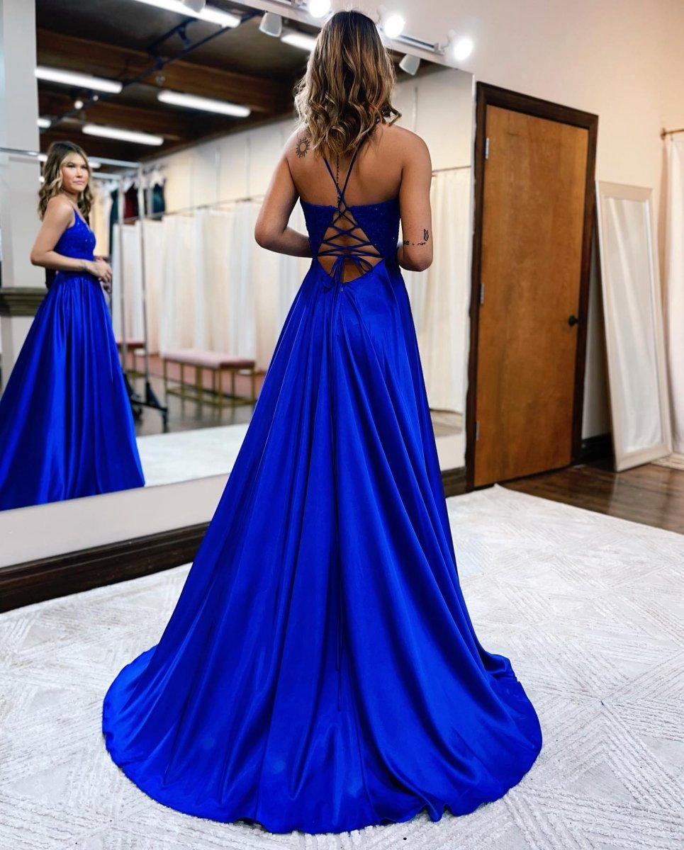 A-line Spaghetti Straps Corset Back Prom Dresses with Split