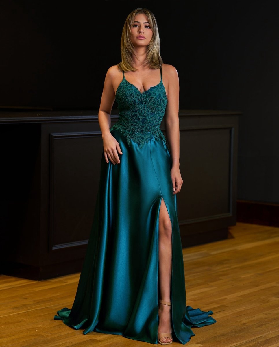 A-line Spaghetti Straps Corset Back Prom Dresses with Split