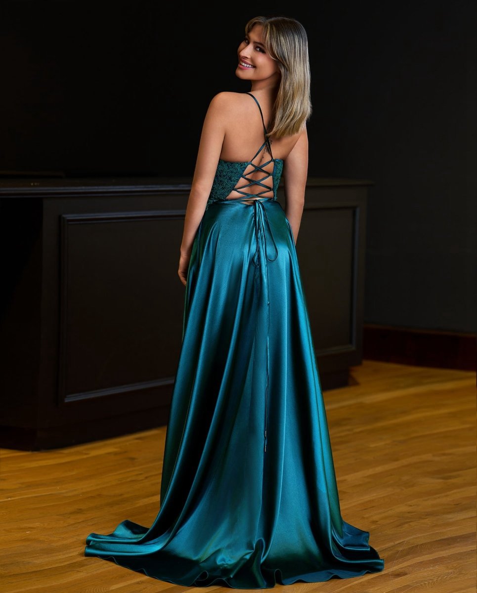 A-line Spaghetti Straps Corset Back Prom Dresses with Split