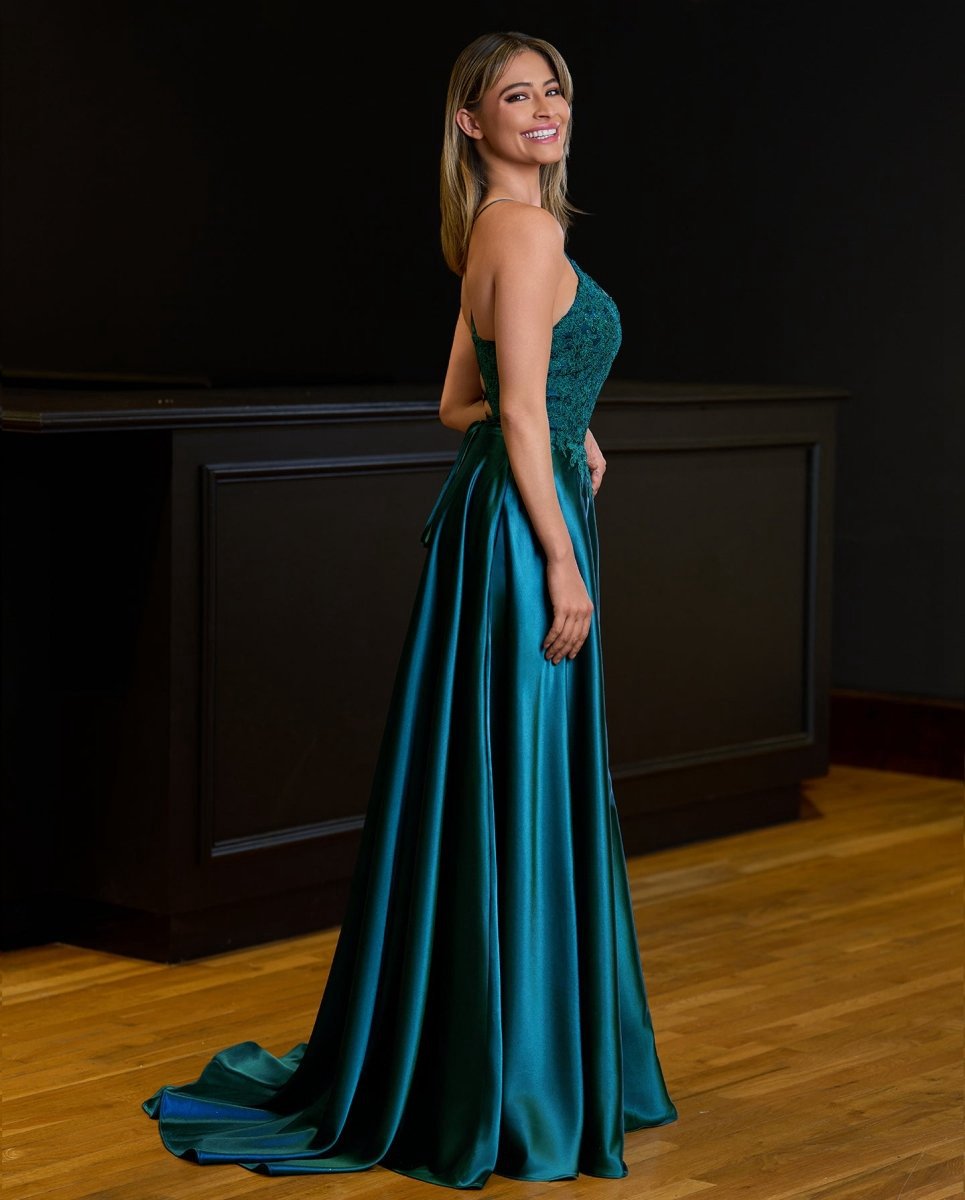 A-line Spaghetti Straps Corset Back Prom Dresses with Split