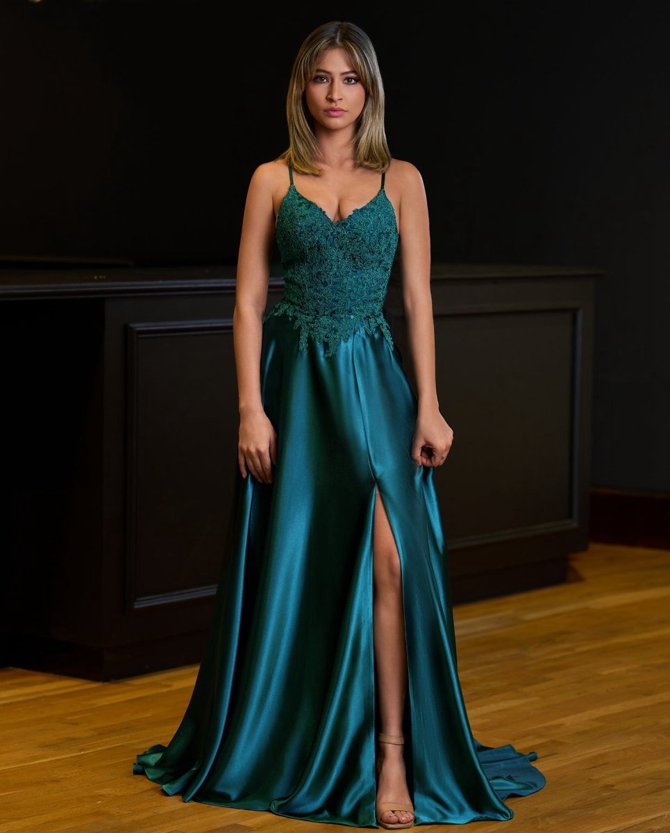 A-line Spaghetti Straps Corset Back Prom Dresses with Split