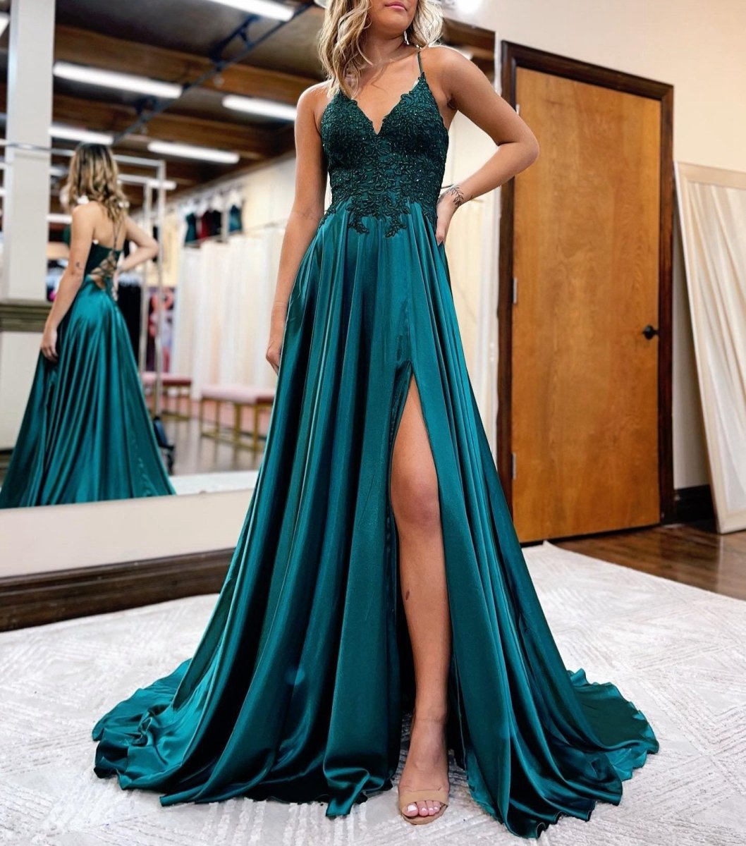 A-line Spaghetti Straps Corset Back Prom Dresses with Split