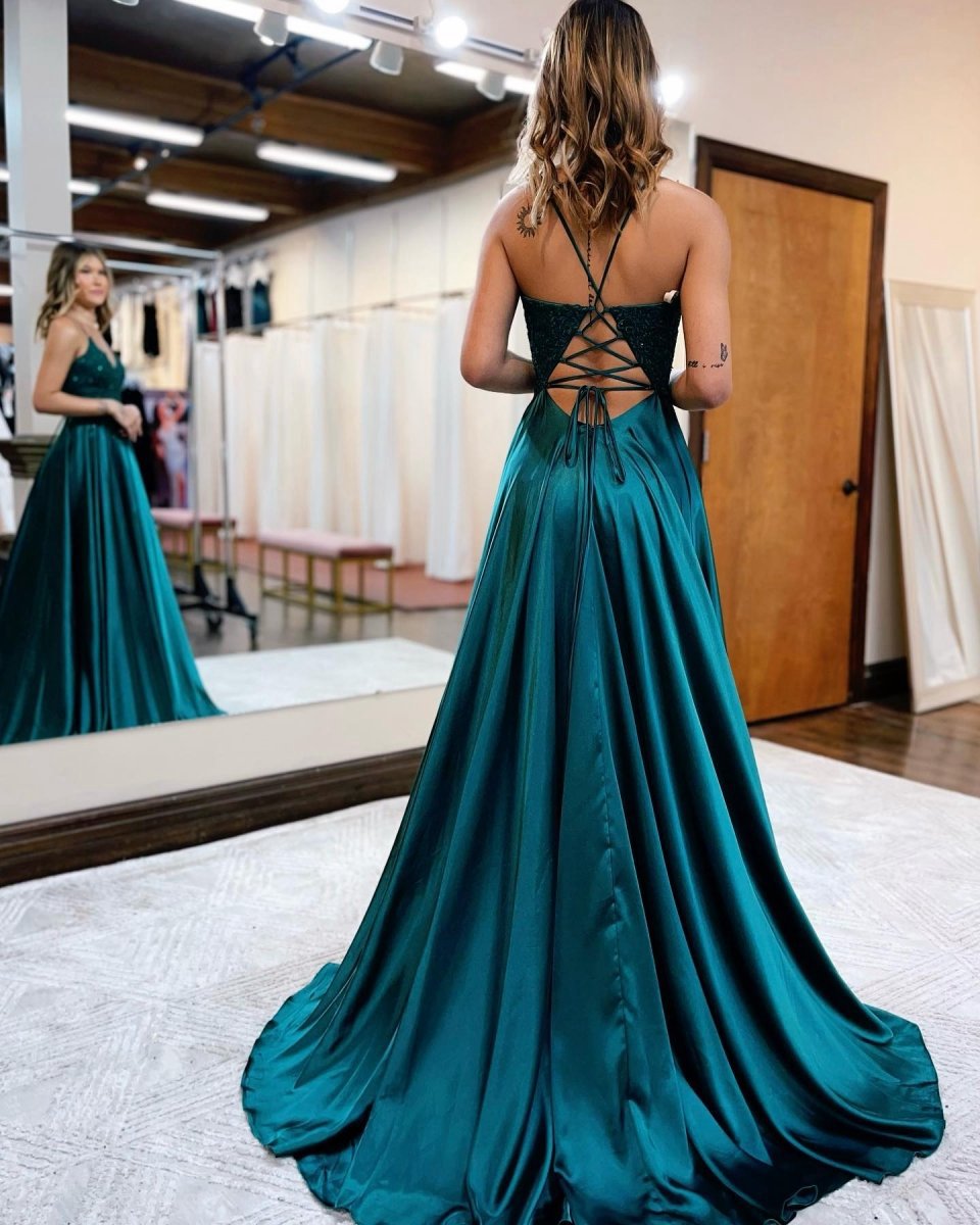 A-line Spaghetti Straps Corset Back Prom Dresses with Split