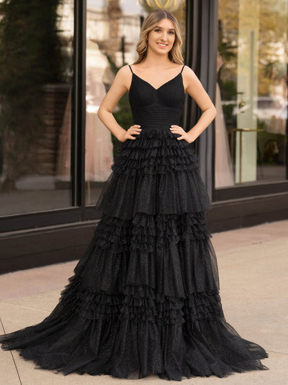 A-line Deep V Neck Tie Long Glitter Tulle Prom Dresses