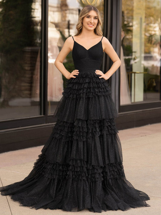 A-line Deep V Neck Tie Long Glitter Tulle Prom Dresses