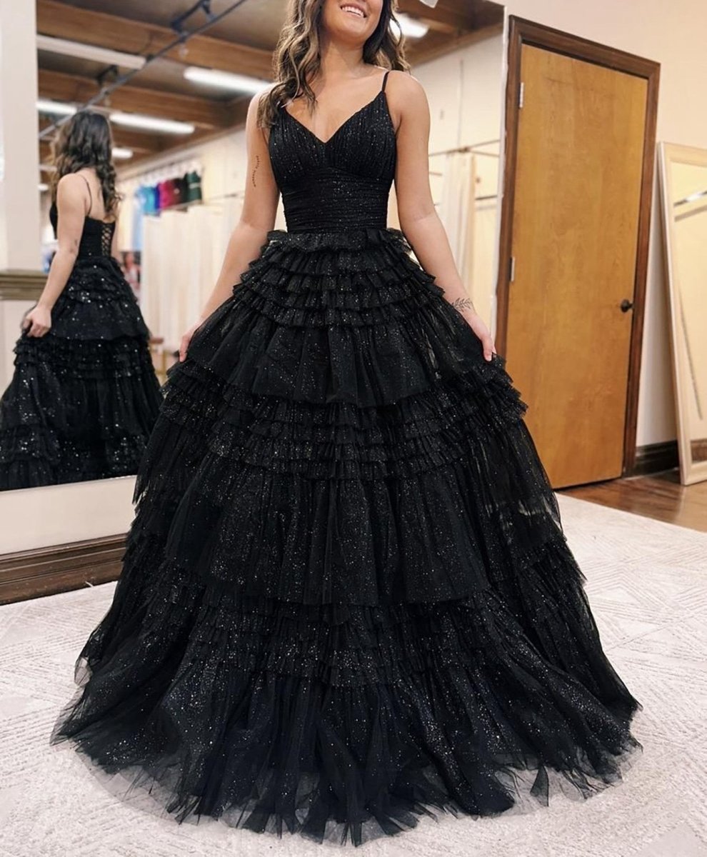 A-line Deep V Neck Tie Long Glitter Tulle Prom Dresses