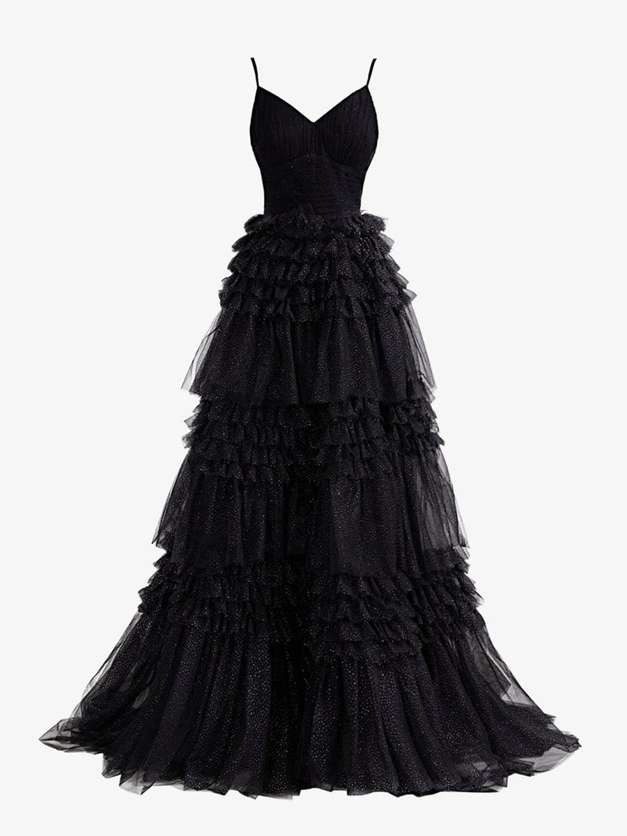 A-line Deep V Neck Tie Long Glitter Tulle Prom Dresses