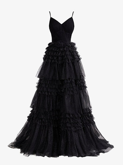 A-line Deep V Neck Tie Long Glitter Tulle Prom Dresses