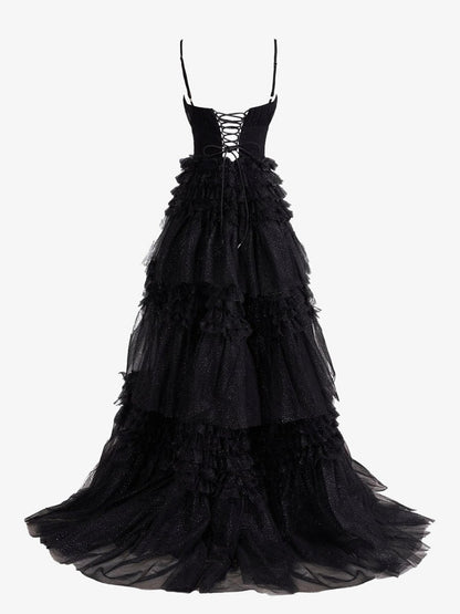 A-line Deep V Neck Tie Long Glitter Tulle Prom Dresses