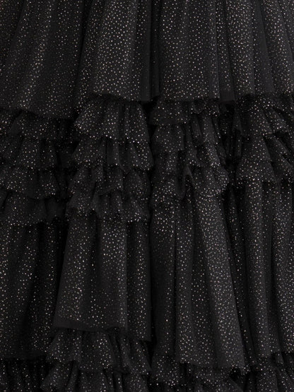 A-line Deep V Neck Tie Long Glitter Tulle Prom Dresses