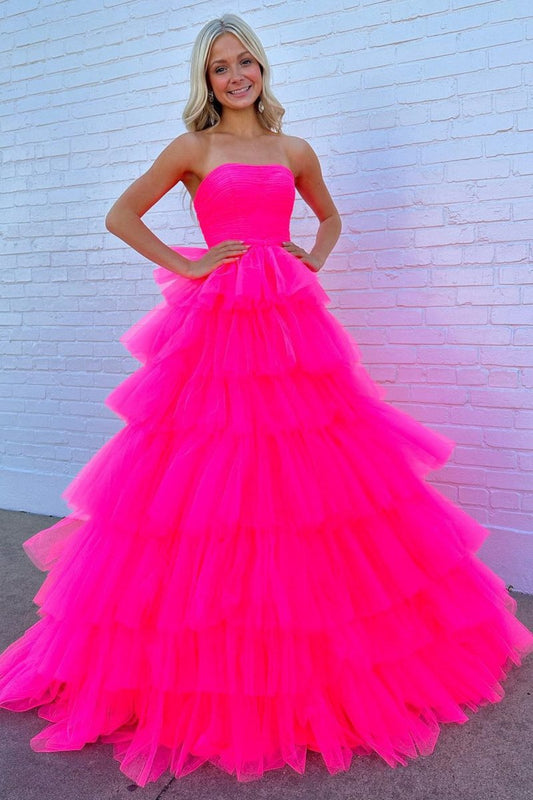 A-line Strapless Tie Tulle Prom Dresses with Ruffles