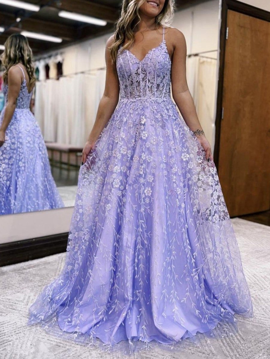 A-line Spaghetti Straps Corset Prom Dresses with Appliques