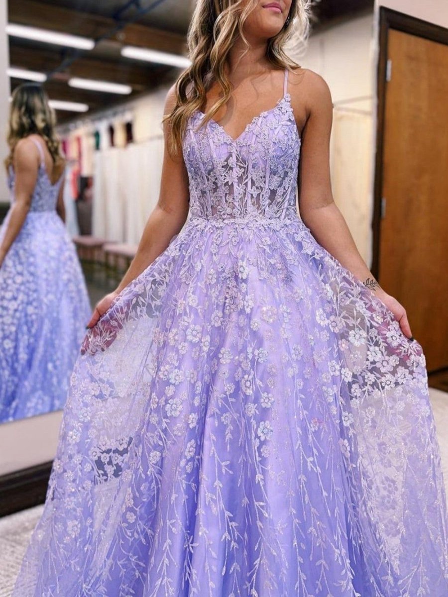 A-line Spaghetti Straps Corset Prom Dresses with Appliques