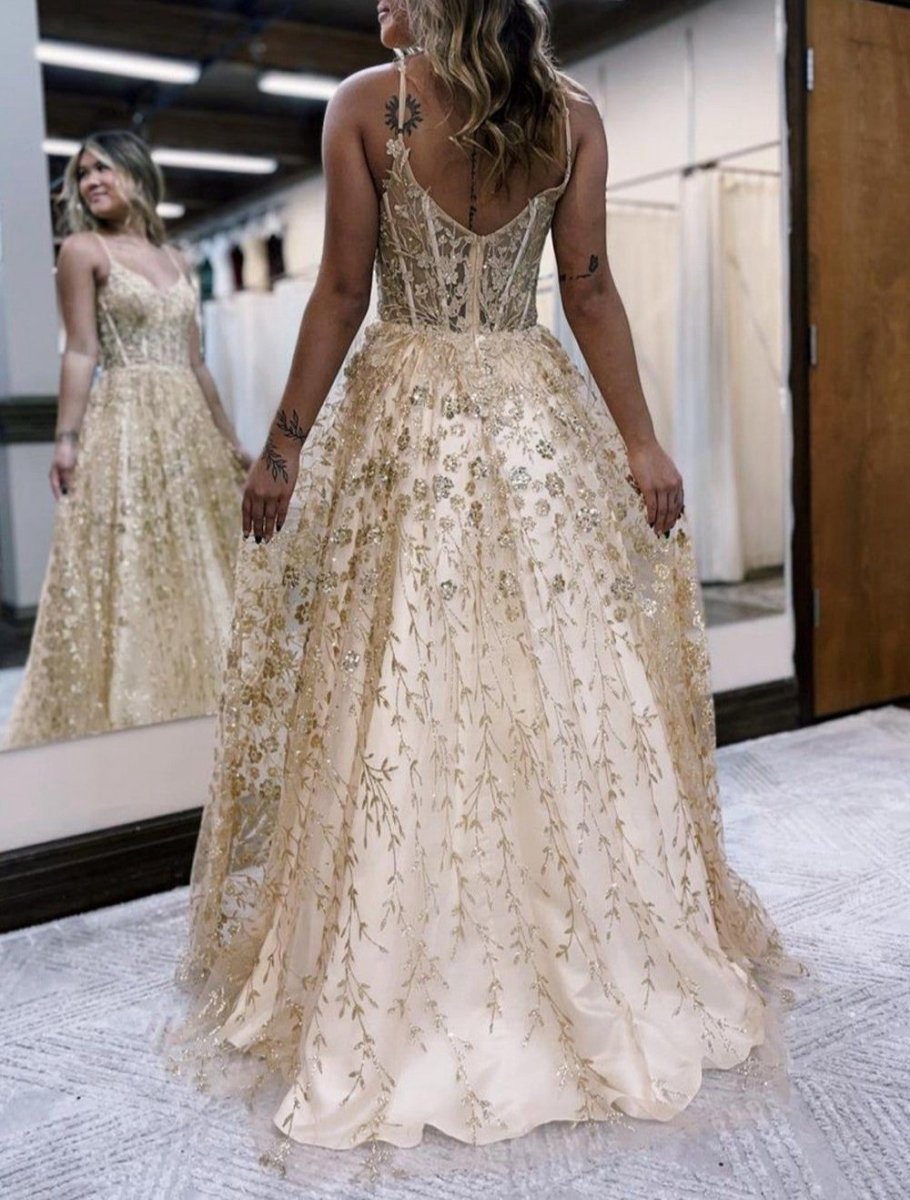 A-line Spaghetti Straps Corset Prom Dresses with Appliques