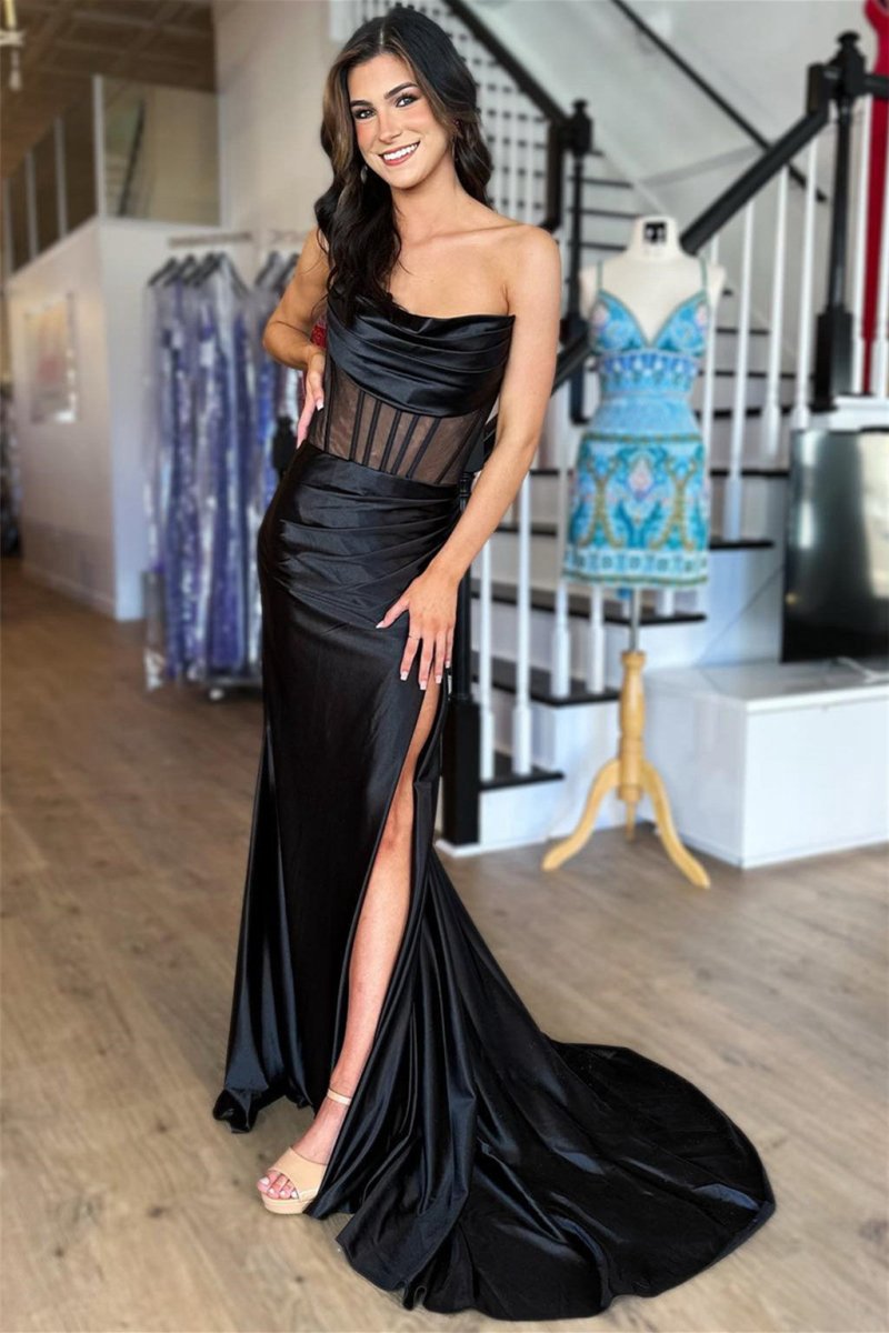 Strapless Pleated Boning Sheer Long Prom Dresses with Slit