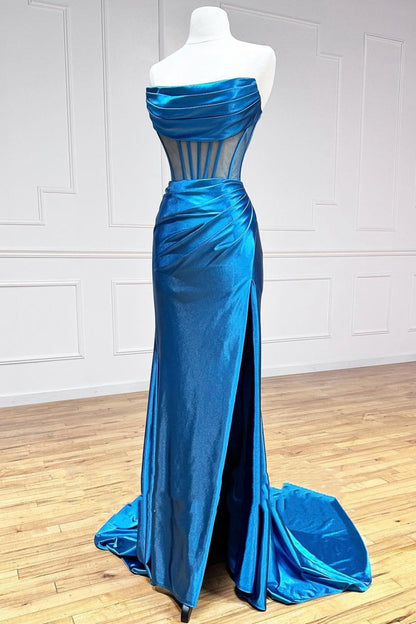 Strapless Pleated Boning Sheer Long Prom Dresses with Slit