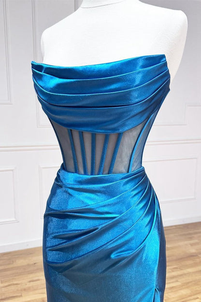 Strapless Pleated Boning Sheer Long Prom Dresses with Slit