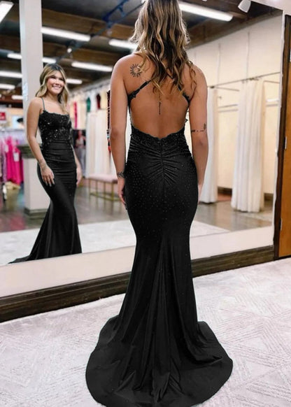 Mermaid Spaghetti Straps Long Prom Dresses with Appliques