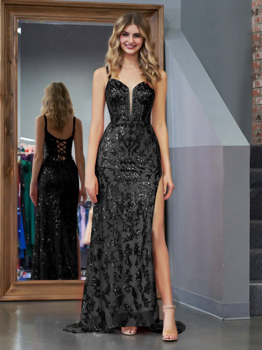 Sparkly Sheath Sequins Long Prom Dresses with Slit