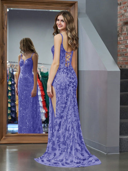 Sparkly Sheath Sequins Long Prom Dresses with Slit