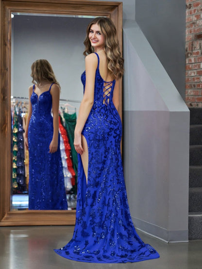 Sparkly Sheath Sequins Long Prom Dresses with Slit