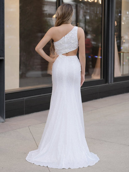 Sheath One Shoulder Sequins Prom Dresses with 3D Appliques