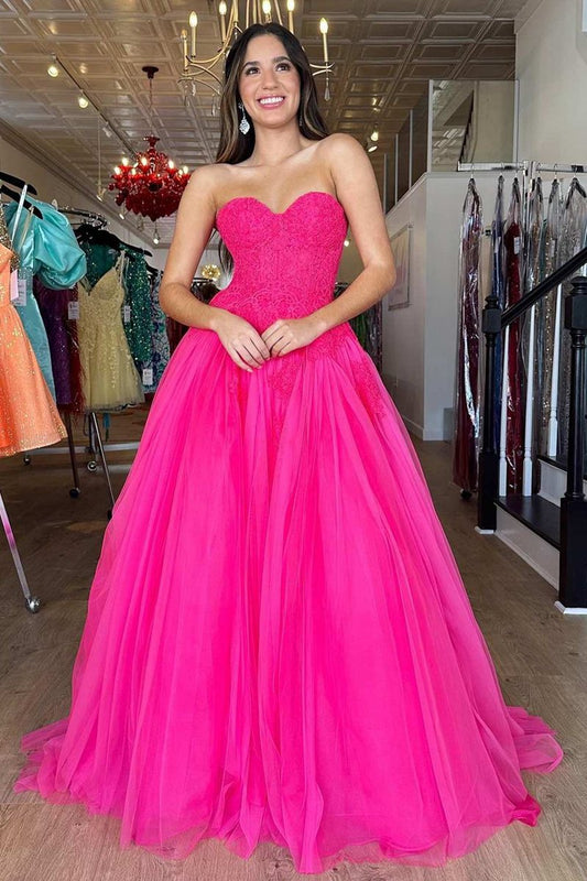 A-line Tulle Lace StraplessLong Prom Dresses