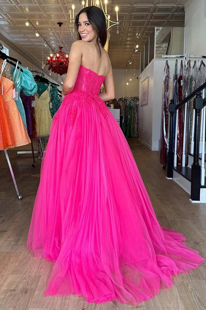 A-line Tulle Lace StraplessLong Prom Dresses