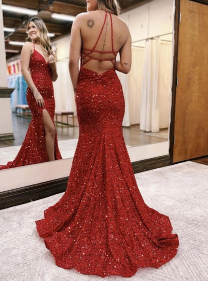 Mermaid Halter Sequins Long Prom Dresses with Silt